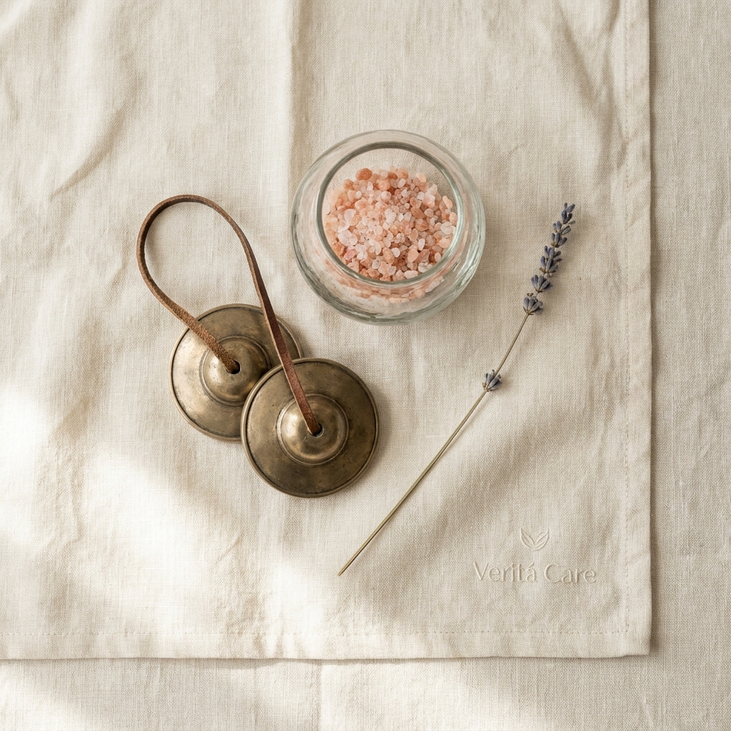 Campaneta tibetana, lavanda e sal rosa — terapias de relaxamento e alívio de tensão